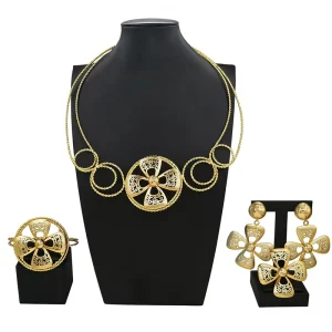 Modern Twisted Chain Gold Tone Jewelry Set Hollow Flower Statement Necklace Bracelet Earrings HK050522