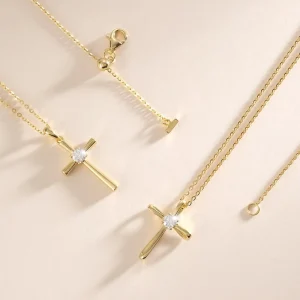 Moissanite Cross Necklace Women Luxury Gifts VVS 14K Gold Plated 925 Sterling Silver Hypoallergenic Petite Pendant Necklace