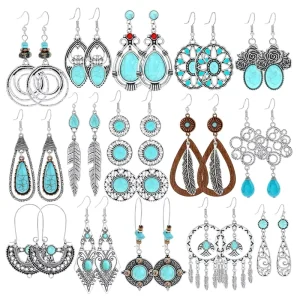 Momomo Jewelry Cross border New Retro Waterdrop Alloy Electroplated Bohemian Turquoise Earrings Women
