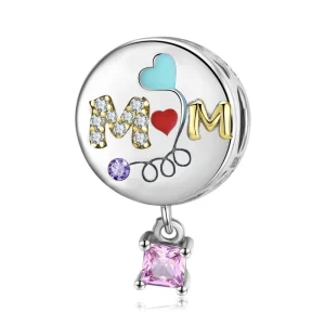 Mom’s Love Round Charm 925 Sterling Silver Bead with CZ for Women Fine Bead Jewelry Making Bracelet Mother’s Day Gift Accessory