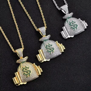 Money Bag Dollar Pendant Necklace with Micro Pave CZ Stones for Hip Hop Jewelry Buyers