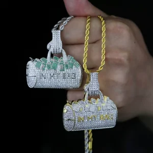 Money Bag Handbag Pendant Necklace Copper Rhinestone Hip Hop Jewelry for Men Streetwear