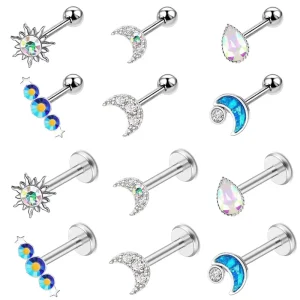 Moon Water Drop Sunflower Rhinestone Stud Lip Ring Stainless Steel Piercing Jewelry