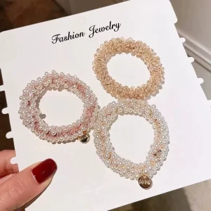 Most Popular Women Girls Fashion Hair Accessories Decorative Crystal Elastic Pearl Ties Bracelets Party 5.9cm