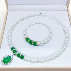 Mother’s Day Gift Imitation Pearl Round Bead Necklace Glass Dot Diamond Jewelry Set Green Chalcedony HS 0063