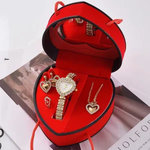 Mother’s Day Gift Set Box Stainless Steel Necklace Earrings Ring Red Peach Heart Gift Box Holiday Light Luxury Women’s Watch Set