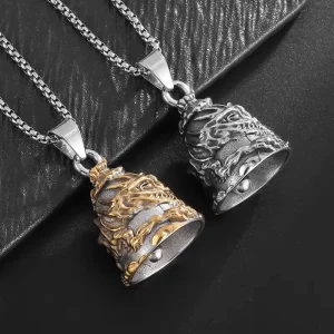 Motorcycle Skull Dragon Guardian Bell Gold Stainless Steel Pendant Charm for Vintage Biker Riding Accessories
