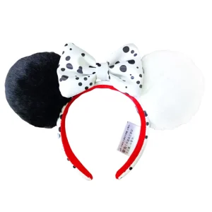 Mouse Ears Headband Cruella Plush Headband Adult Child Headband Cosplay Headwear Black and White Spots PU Leather Bow Tie