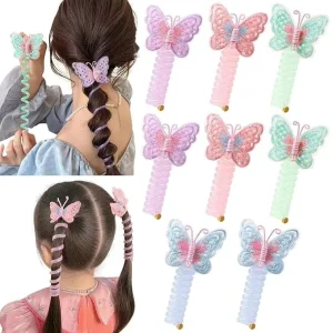 Ms 573 Cute Embroidered Butterfly Spiral Hair Tie Telephone Cord Hair Accessory for Kids Girls Daily Wear