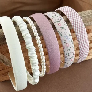 Ms-851 7Pcs/Set Women Fashion Hairbands Korean Vintage Pearl Flower Plaid Headbands for Kids Girls Women Cute Hair Accessories