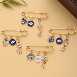 Multi Charms Evil Eye Hamsa Hand Heart Letter Safety Pin Brooch Alloy Material Multiple Styles Coat Scarf Decor