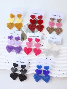 Multi Color 3 Layer Heart Glitter Acrylic Earrings Set Valentine’s Day Fashion Jewelry for Women Daily Wear Gifts