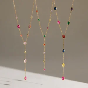 Multi-Color CZ Y-Drop Lariat Necklace Set Stainless Steel Gold Plated Rainbow Mixed Cut Station Statement Necklaces for Women