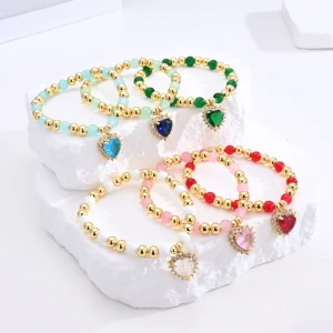 Multi Color Heart Glass Stone Beads Bracelet 14k Gold Plated Women Jewelry