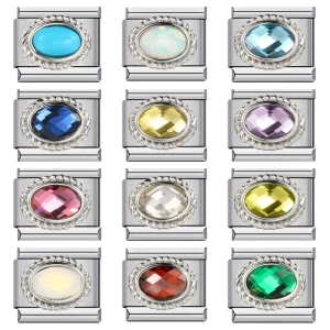 Multi Color Oval Faceted Crystal Birthstone Italian Charm Links Stainless Steel DIY Modular Charms Bracelet Jewelry Gift
