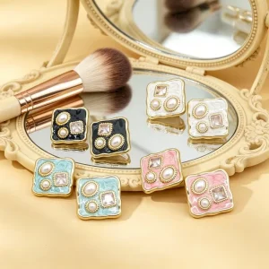Multi Color Wavy Enamel Square Stud Earrings Gold Plated Pearl Crystal Combo Inlaid Retro Chunky Hypoallergenic Jewelry