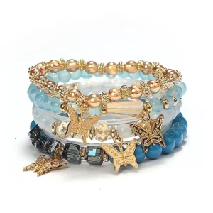 Multi Layer Beaded Crystal Rhinestone Trendy Bohemian Acrylic Resin Lucite 4set Gift Design Women’s Butterfly Fashion Bracelet