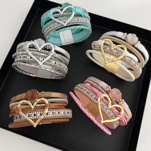 Multi Layer Bohemian Leather Natural Stone Bracelet Magnetic Clasp Colorful Women Love Heart Leather Wrap Bracelet