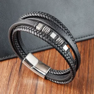Multi Layer Braided Rope Leather Bracelet Stainless Steel Men’s Genuine Simple L