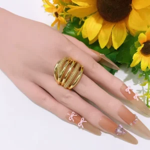 Multi Layer Hollow Rhinestone Paved Gold Statement Ring Curved Strip Chunky Adjustable Finger Ring