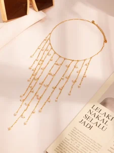Multi Layer Link Chain Stainless Steel Pendant Necklace Zircon 18K Gold Plated 18 Inches Unisex