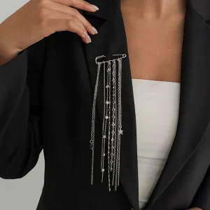 Multi Layer Long Chain Star Charm Tassel Pin Brooch for Women Trendy Lady Party Lapel Pin Clothing Decor Jewelry Accessories