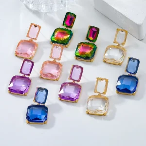 Multi Layer Square Colorful Crystal Gemstone Rhinestone Drop Earrings for Women