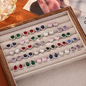 Multi Shape Colorful Halo CZ Stud Earrings Round Square Cushion Pear Teardrop Cubic Zirconia Halo Ear Studs Wedding Jewelry Set
