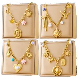 Multi charms Heart 18k Gold Plated Chains Statement Necklace Jewelry Women Stainless Steel Fashion Pendant Chokers Necklaces