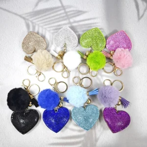 Multi-color Hot-fix Pearl Rhinestone Heart Keychain Bag Charm Pom-pom Accessory Car
