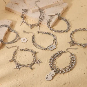 Multi layer Chain Stainless Steel Charm Bracelet with Butterfly Cross Pendant Trendy Women’s Jewelry for Wedding Party Occasions