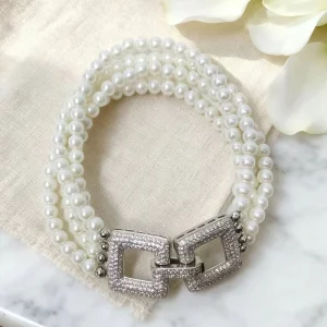 Multi-layer Imitation Pearl Bracelet With Crystal Square Buckle Elegant Luxury Bridal Statement Hand Chain For Women