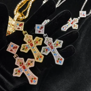 Multicolor 5A CZ Cross Pendant Necklace with Diamond Shape Bail Rainbow Stone Zircon for Hip Hop Jewelry for Men Women