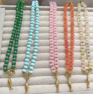 Multicolor Abacus Natural Stone Beaded Necklace Waterproof Stainless Steel Gold Fish Pendant Necklace for Women Bohemian Jewelry