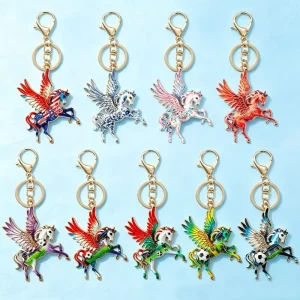 Multicolor Enamel Pegasus Keychains Flying Winged Horse Metal Key Ring Bag Charms Soccer American Flag Key Chain