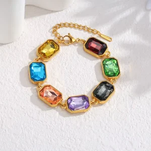 Multicolor Octagon Stone Statement Bracelet 18K PVD Gold Plated Stainless Steel Rainbow Rhinestone Tarnish Free Luxury Jewelry