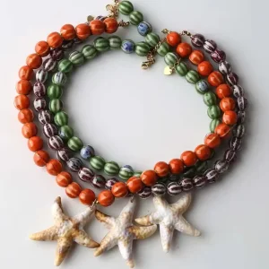 Multicolor Striped Ceramic Chunky Beaded Necklace Oversized Textured Starfish Pendant Women Daily Beach Statement Necklace