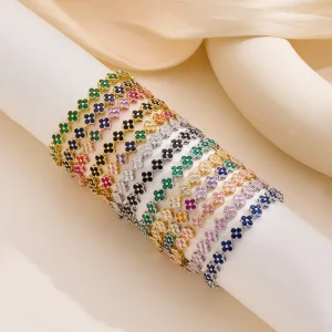 Multicolor Zircon Clover Bracelet Gold Plated Rainbow Tennis Bracelet Fashion Jewelry for Women