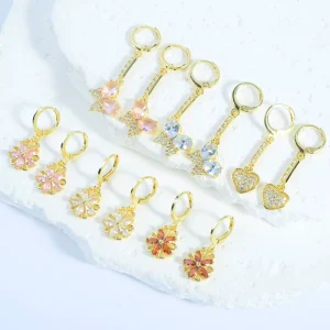 Multicolored Butterfly Flower Earrings 14K Gold Plated Zircon Heart Pendant Quirky Natural Style Jewelry for Daily Wear