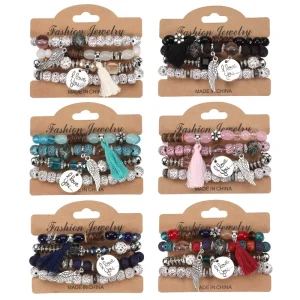 Multilayer Bohemian Beaded Bracelets Set Colorful Geometric Bangle Wood Pearl Diamond Agate Turquoise Religious Gift