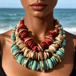 Multilayer Chunky Disc Bib Necklace with Turquoise and Cream Resin Beads