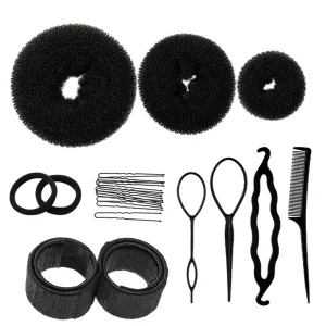 Multisize Black Nylon Hair Donut Bun 3Pcs Hair Bun Maker with 50Pcs Bobby Pins Hair Accessories
