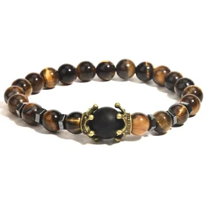 Musesure Attractive Men’s Bracelet for Foreign Trade Fashionable Crown tiger Eye Stone Beaded Bracelet Handmade Jew