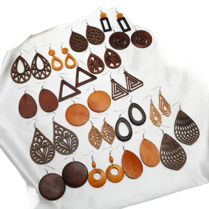 Musesure Best Selling Wooden Earrings European and American Fashion Exaggerated Geometric Hollow Wooden Earrings Handmade Lightw
