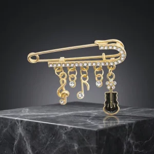 Music Brooch Pin Rhinestone Gold Safety Pin Brooch Musical Note Treble Clef Cello Charm Vintage Fashion Jewelry Gift for Women