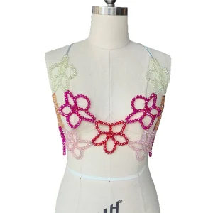 Music Festival Crystal Beads Body Chain Halter Top Bralette Floral Beaded Multicolor Top