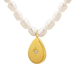 N0458 Fashion 18k Gold Plated Freshwater Pearl Beaded Necklace Statement Stainless Steel Jewelry for Women