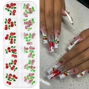 NEW 3D Metal Art Decoration Nail Pink Red Luxury Crystal Cute Cherry Accessories Nail Sticker Suit Nail Charms