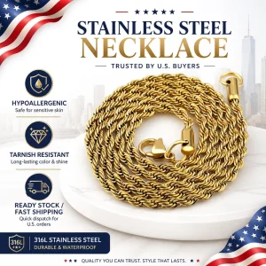 NL2055 Hiphop 3mm 316L Stainless Steel Rope Chain Necklace Gold Filled Twist Chain for Men 4mm Rope Chain NL3007