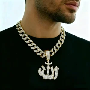NL2214 Men’s Custom Choker with Full Rhinestone Allah Symbol Pendant Hip Hop Style Niche Design Cuban Link Chain Necklace